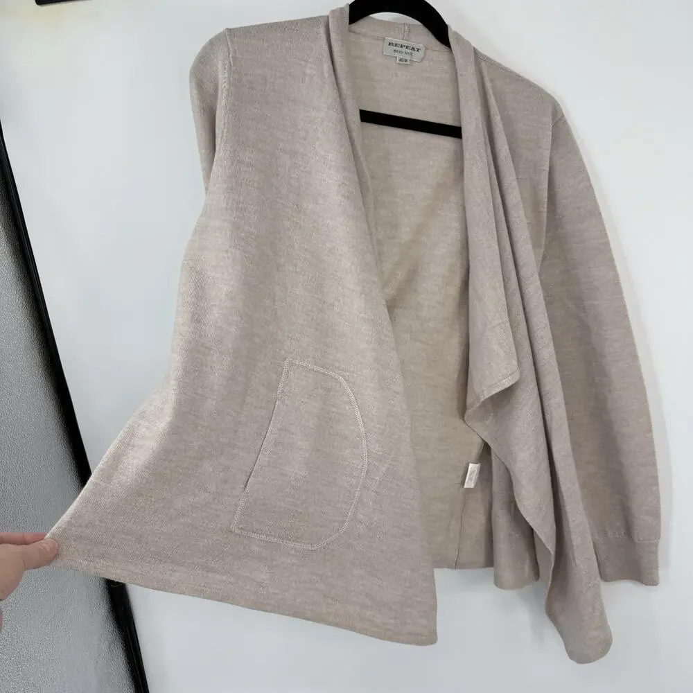 Repeat Cashmere Merino Wool Draped Cardigan US Medium EU 40 Beige with Pockets